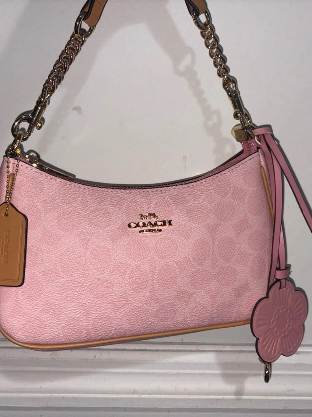 COACH Pink Leather Shoulder Bag with Tan Trim and Gold Hardware